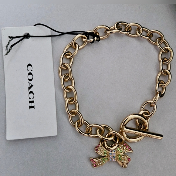 Coach Gold Tone Bow Chain Bracelet  crystal rhinestones charms Bracelet - Picture 2 of 5